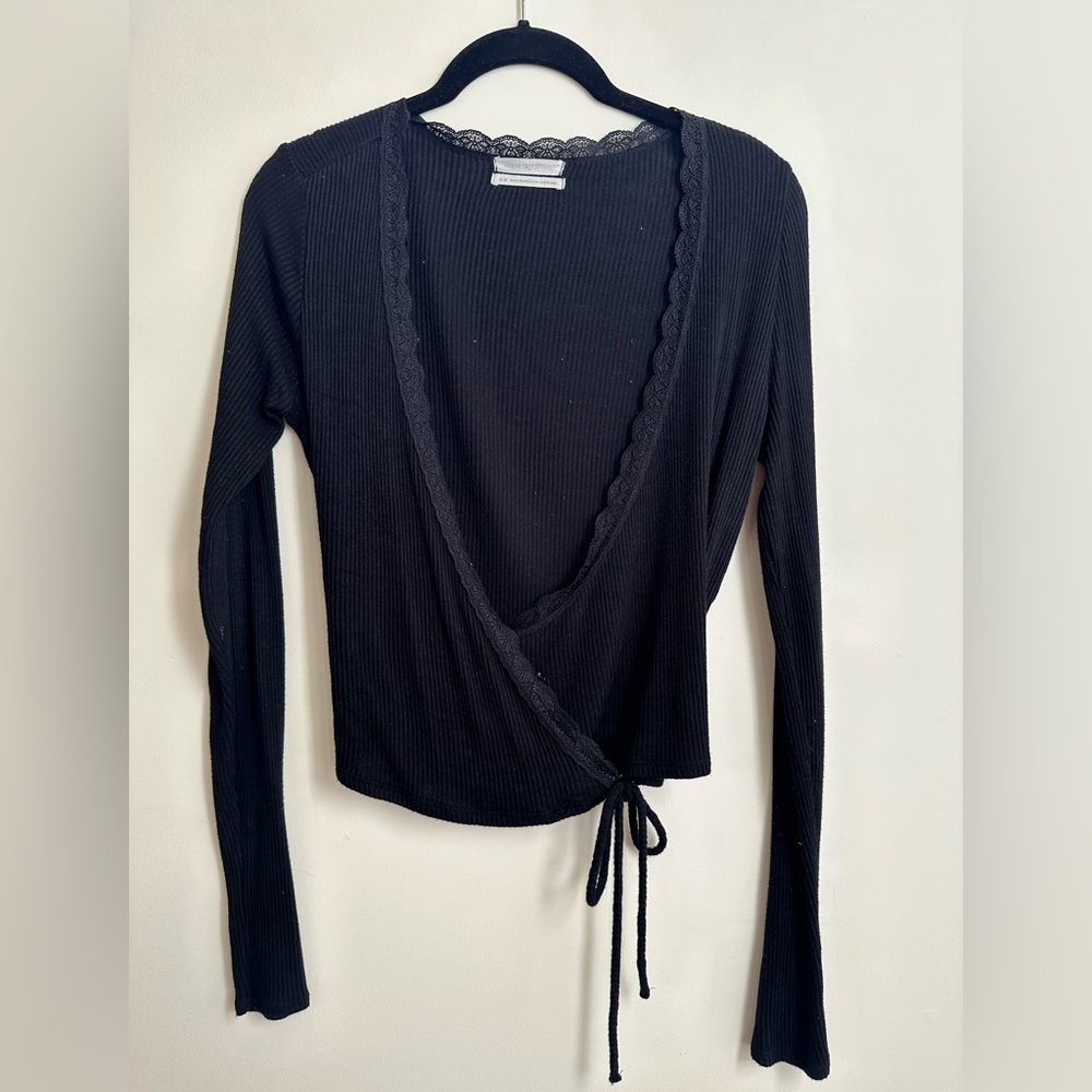 Out From Under Honey Lace Trim Ribbed Long Sleeve Top in Black